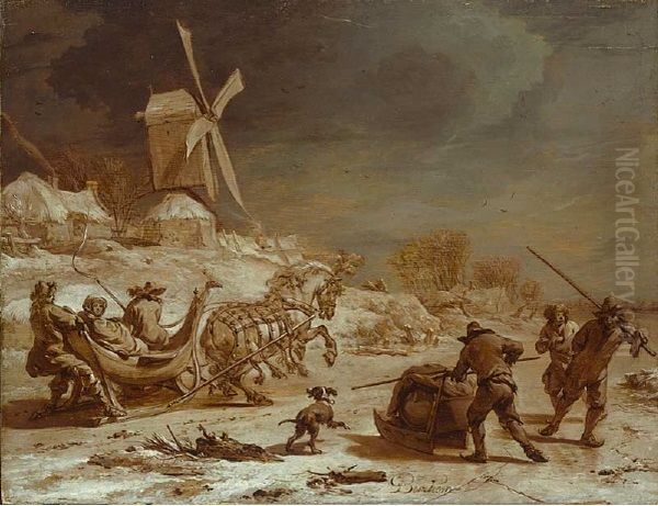 Winter landscape with mill and sleigh Oil Painting by Nicolaes Pieterszoon Berchem