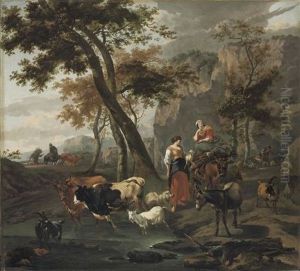 Italianate landscape shepherdess and cattle