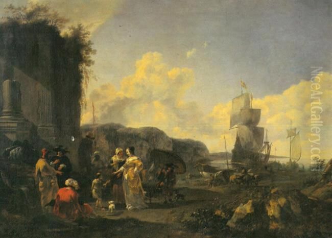 Merchant Ships on a mediterranian Coast with a Slave Market Oil Painting by Nicolaes Pieterszoon Berchem