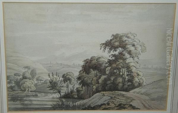 Tree Lined River, Pen, Ink And Wash Over Traces Of Pencil Oil Painting by Jean-Baptiste Claude Chatelain