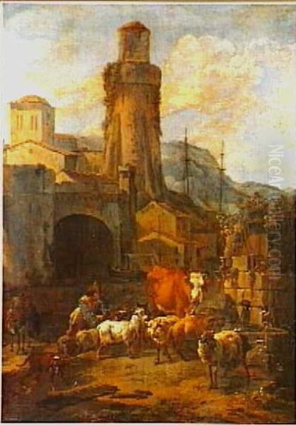 Landscape with a Shepherd and his Herd by a City gate Oil Painting by Nicolaes Pieterszoon Berchem