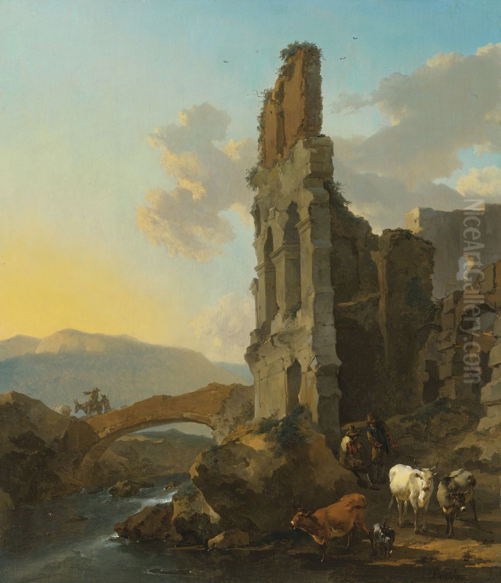 Southern landscape with shepherds near a ruin Oil Painting by Nicolaes Pieterszoon Berchem