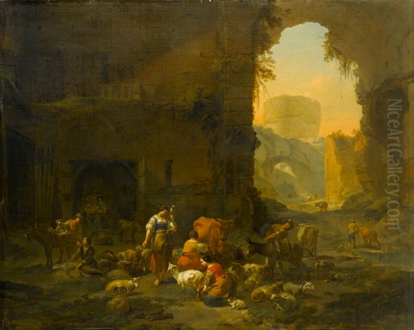 Milkmaids and Sheperds with their Flock at the Mouth of a Grotto, a Drover Watering his Cattle beyond Oil Painting by Nicolaes Pieterszoon Berchem