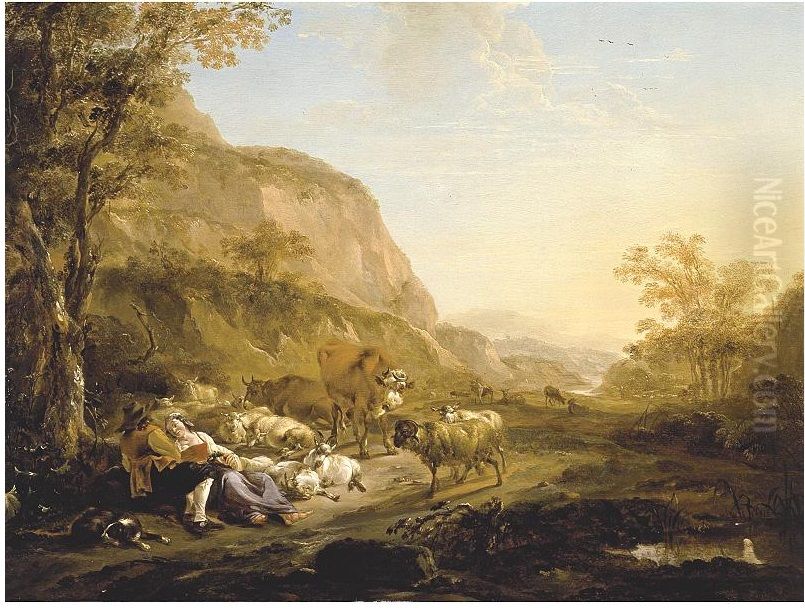 Zuidelijk landschap met minnekozend herderspaar Oil Painting by Nicolaes Pieterszoon Berchem