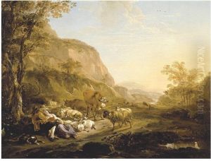 Zuidelijk landschap met minnekozend herderspaar