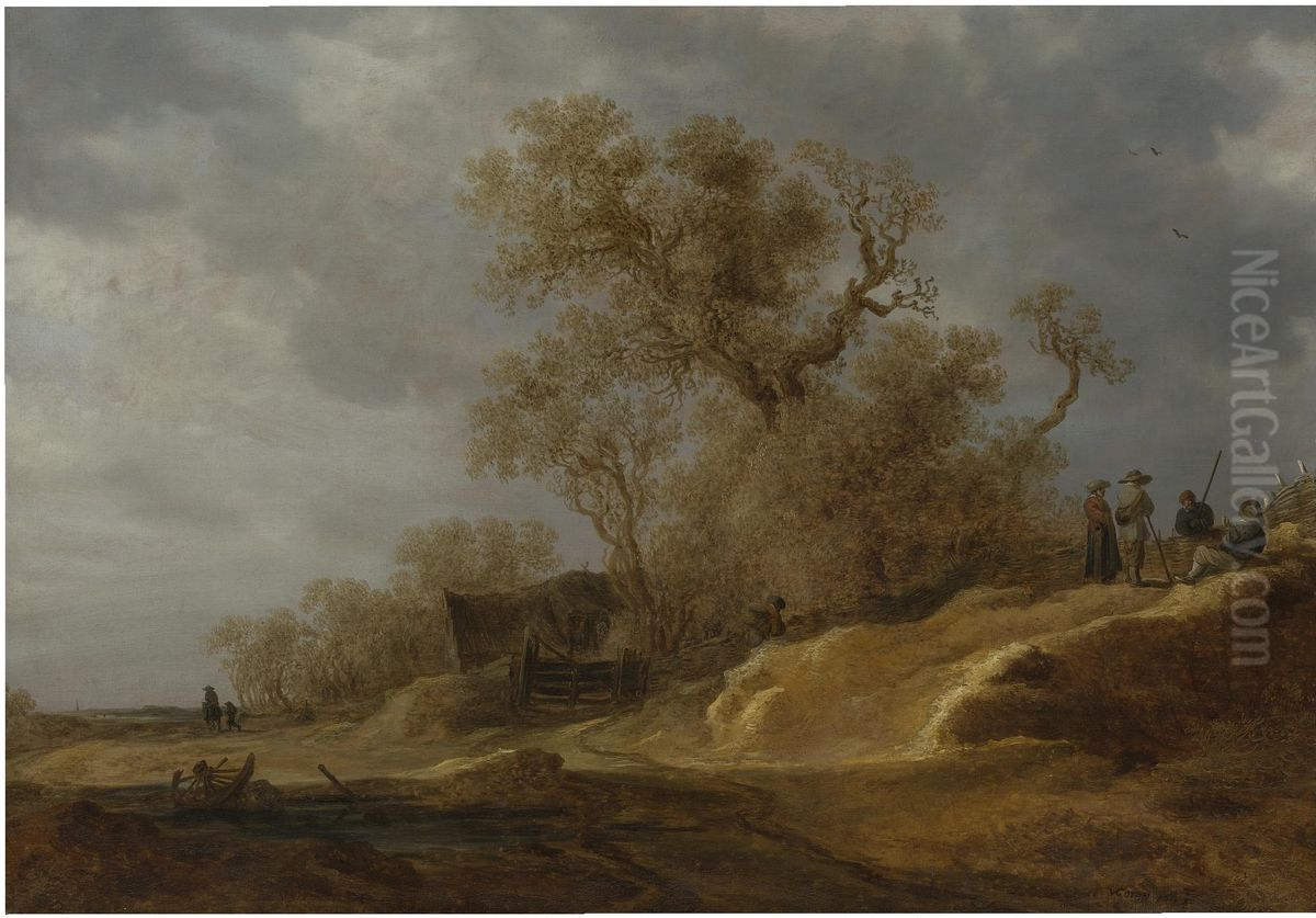 Dune landscape with peasants resting by a road Oil Painting by Jan van Goyen