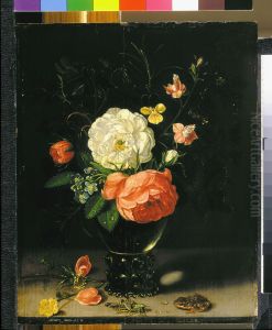 Flowers in a roemer, with a frog and a grashopper, on a stone ledge