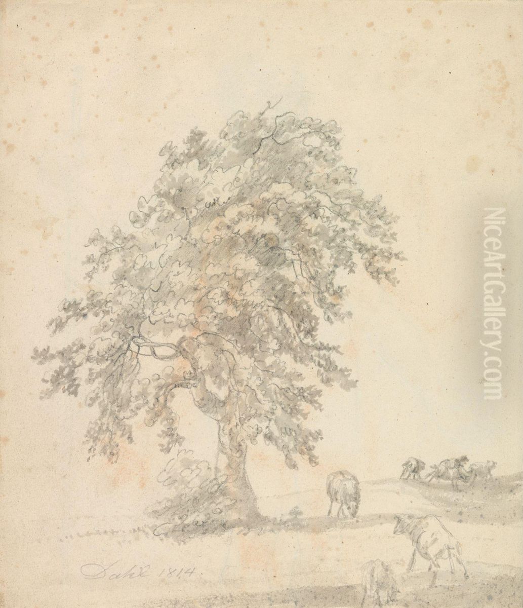 Tre, ku og sauer Oil Painting by Johan Wilhelm Ludwig Dahl