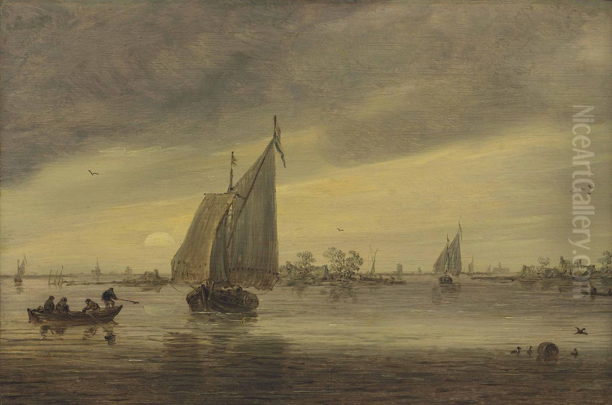 Sunrise over the Haarlemmermeer with a schmalship and other boats Oil Painting by Jan van Goyen