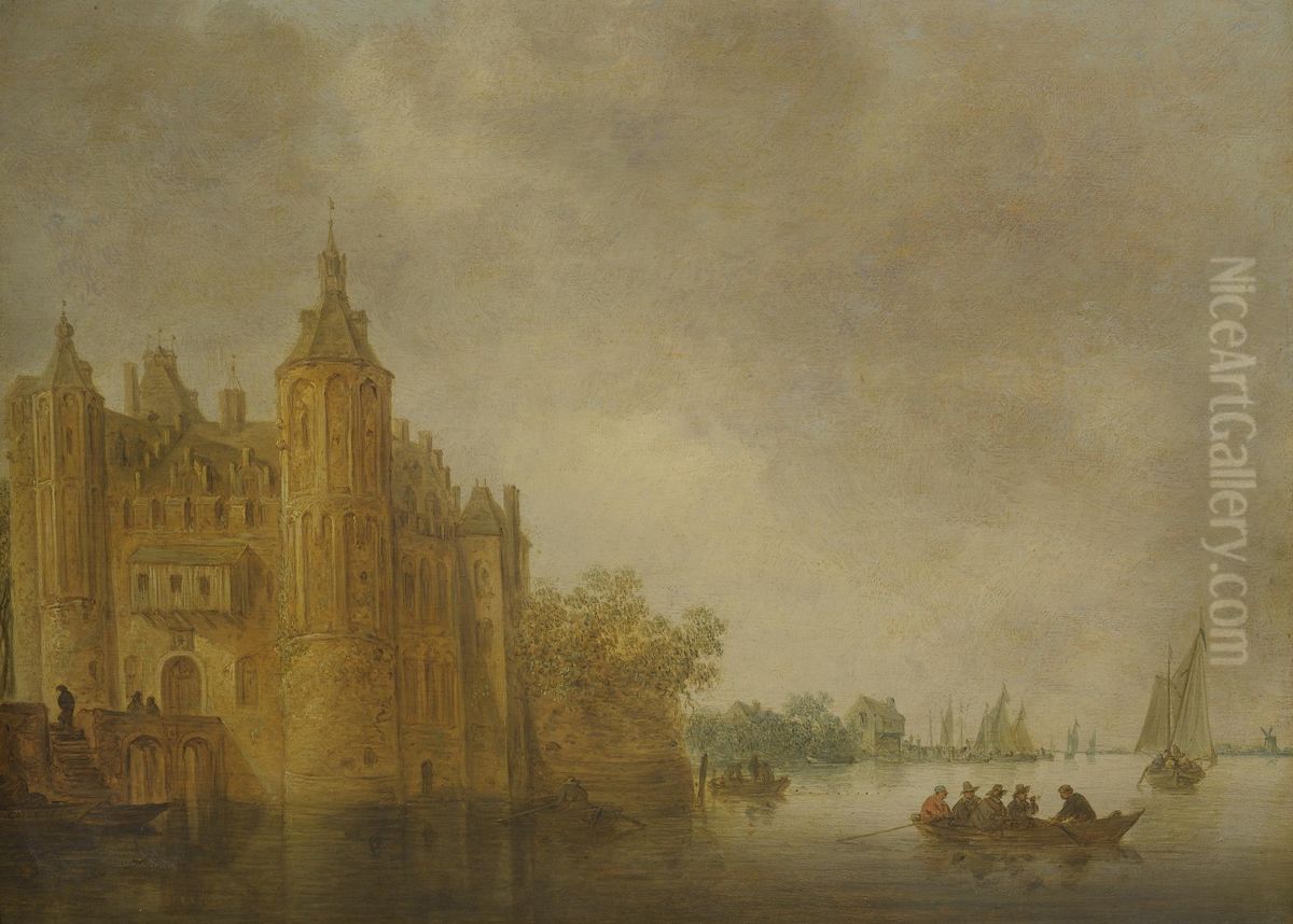 Figures in a rowing boat on a wide river before a large castle Oil Painting by Jan van Goyen