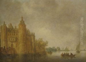 Figures in a rowing boat on a wide river before a large castle
