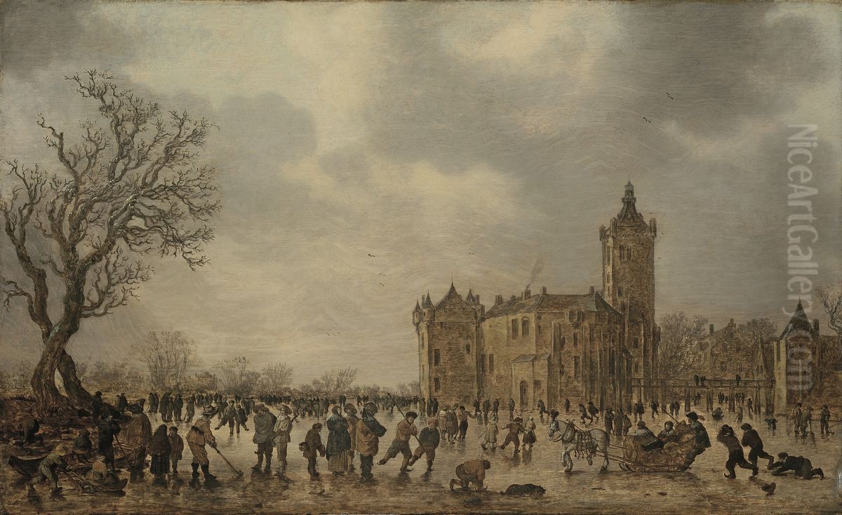 A winter landscape with figures desporting on the ice by the Castle Montfoort Oil Painting by Jan van Goyen