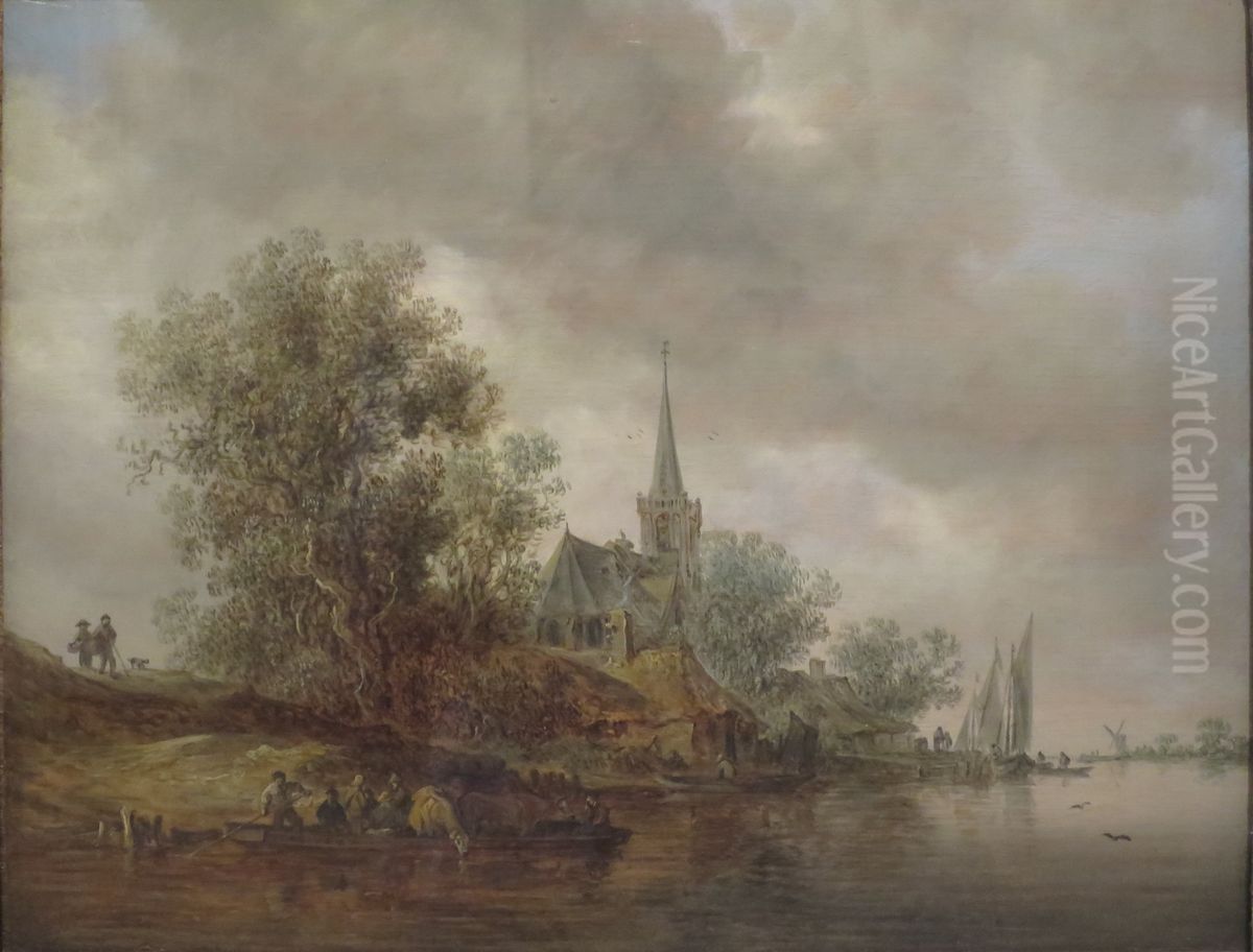 River Landscape with a Village Church Oil Painting by Jan van Goyen