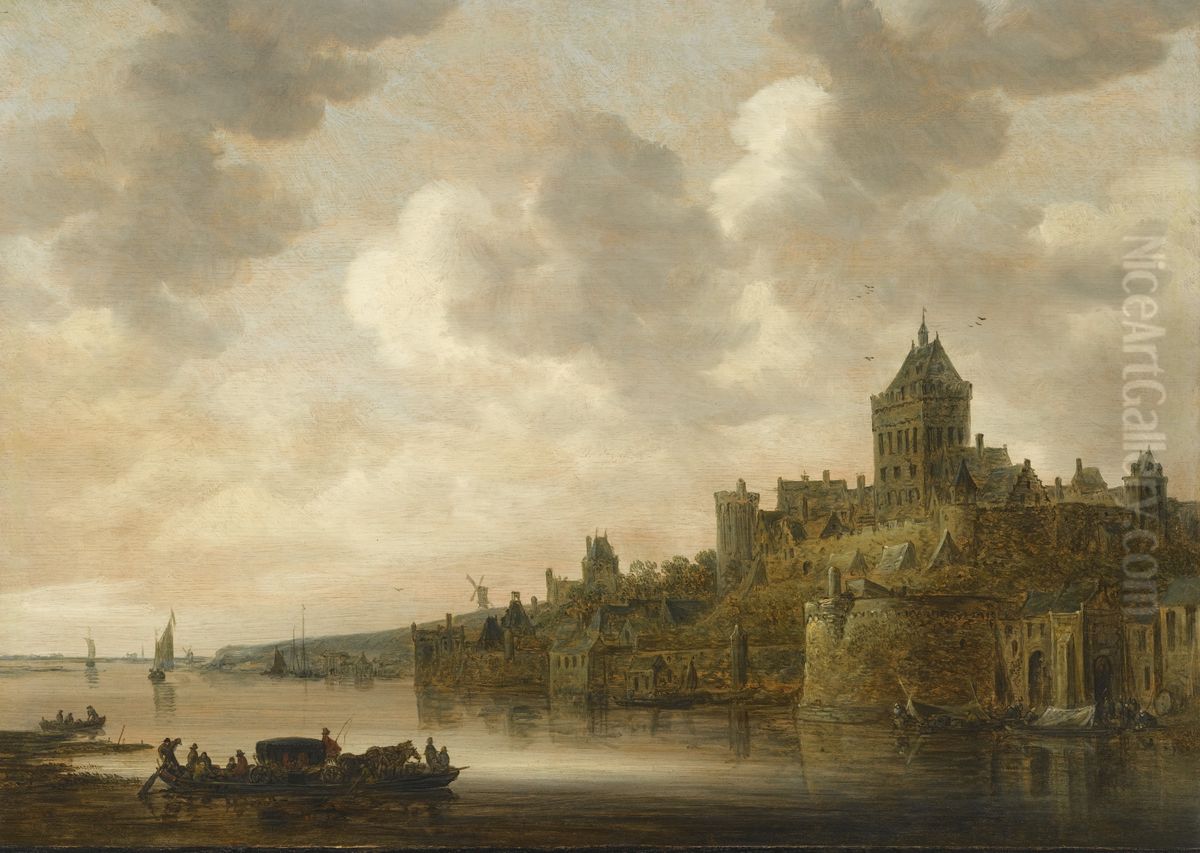 The Valkhof at Nijmegen, with a coach and a four on a ferry on the river Waal Oil Painting by Jan van Goyen