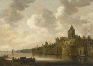 The Valkhof at Nijmegen, with a coach and a four on a ferry on the river Waal