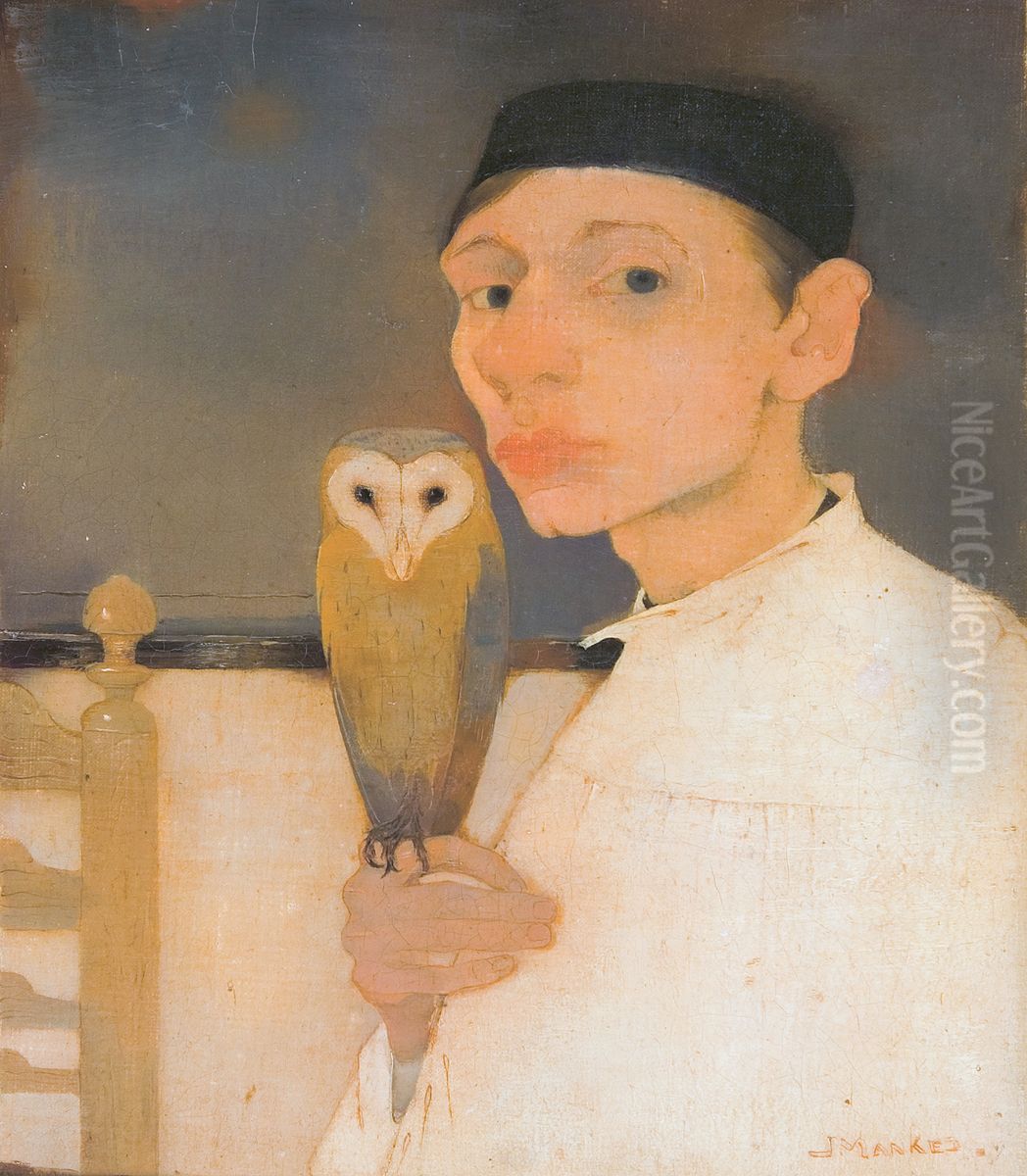 Self-portrait with owl Oil Painting by Jan Mankes