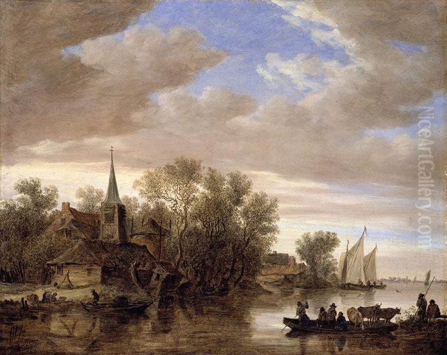River Landscape with a Cattle-Ferry Oil Painting by Jan van Goyen