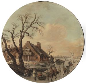 Winterlandschap met ijsvermaak op een rivier bij een boerderij