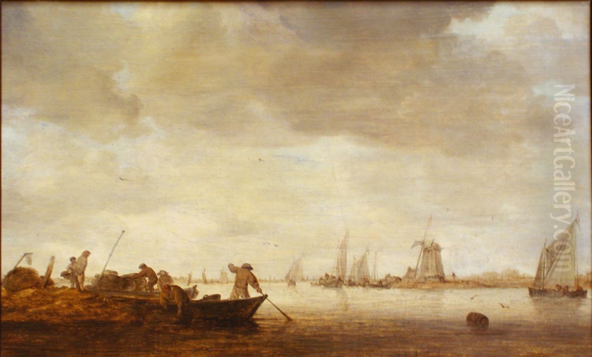 Flodlandskap med fiskare i tva roddbatar Oil Painting by Jan van Goyen