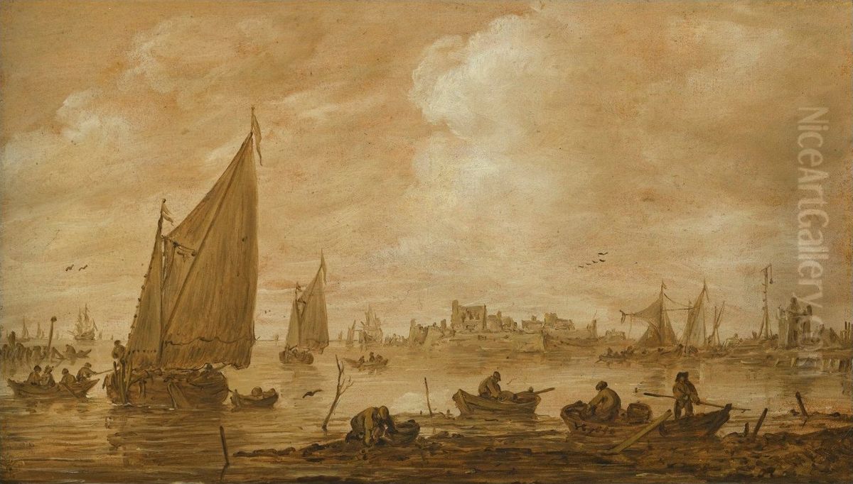 View of a Dutch Estuary with Fishermen Boats Oil Painting by Jan van Goyen
