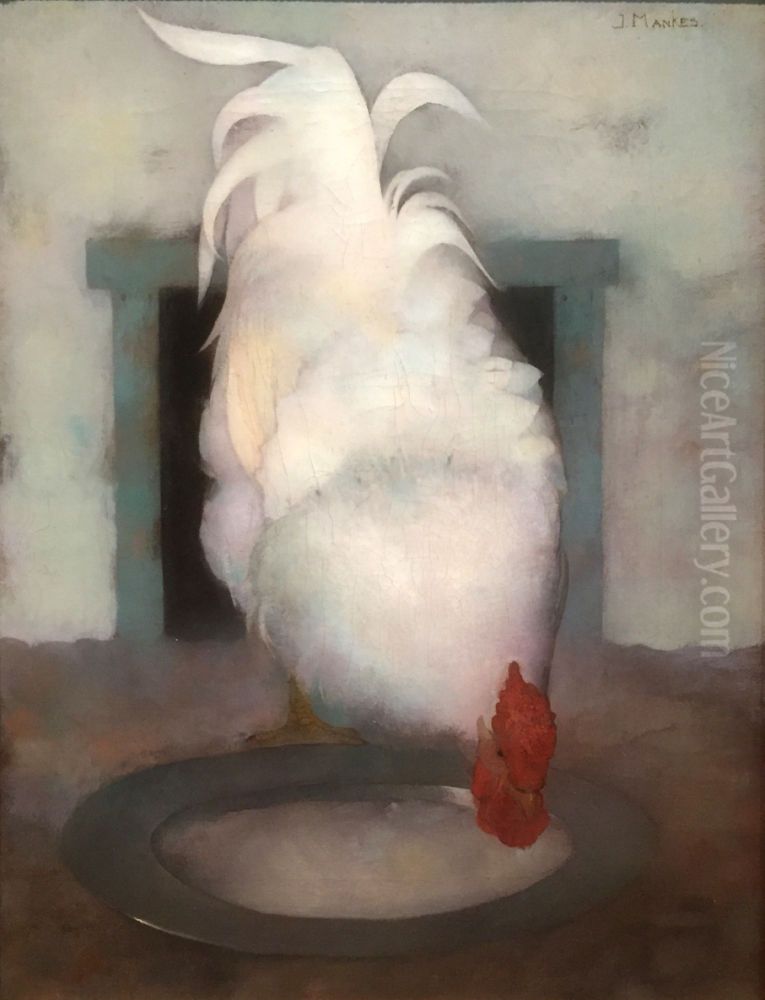 Haan (Wyandotte) met tinnen schotel Oil Painting by Jan Mankes
