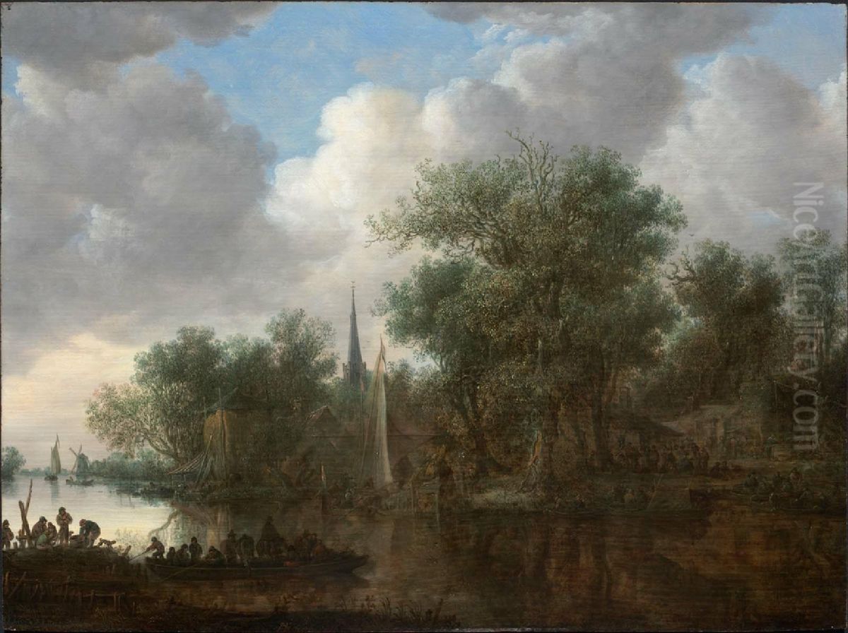 River landscape with boats and cottages on the bank Oil Painting by Jan van Goyen