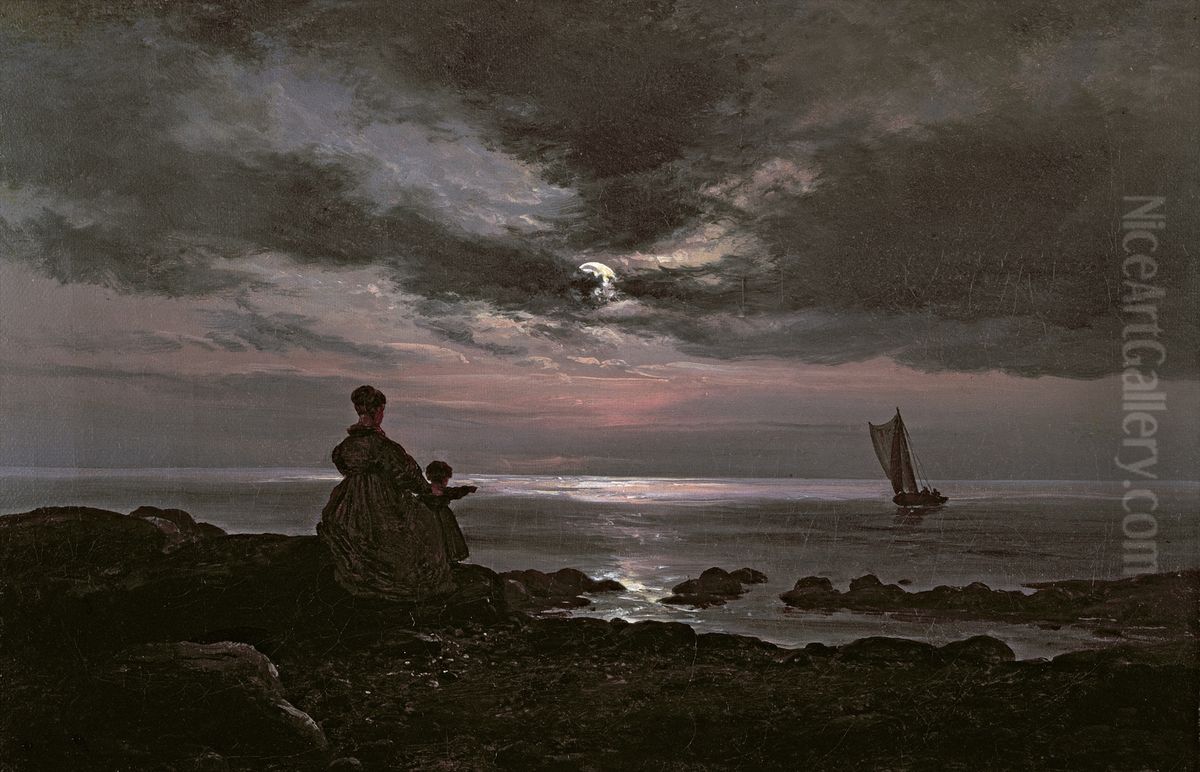 Mor og barn ved sjoen Oil Painting by Johan Wilhelm Ludwig Dahl