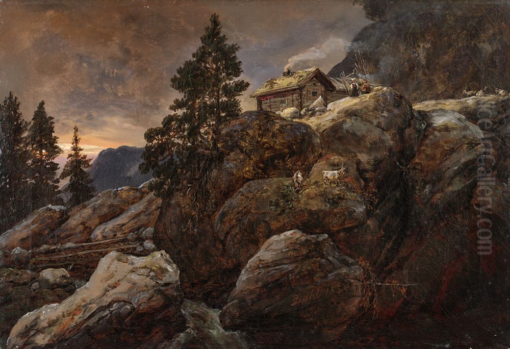 Farm on a Mountain Side Oil Painting by Johan Wilhelm Ludwig Dahl