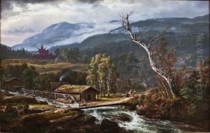 Landscape at Kaupanger with stave church
