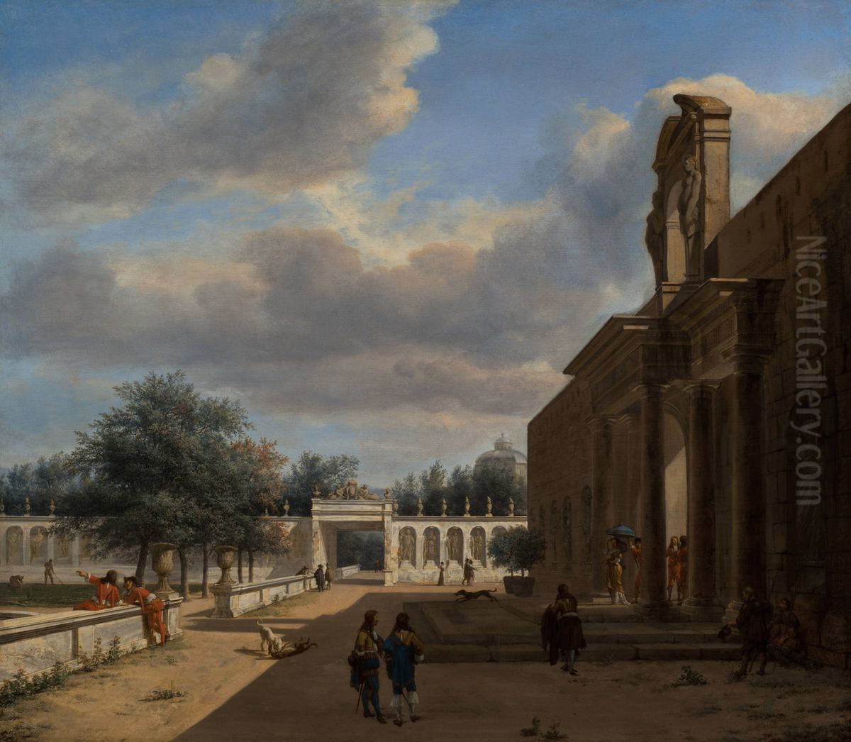 A Palatial Garden, with Figures emerging from a Palace on the Right Oil Painting by Jan Van Der Heyden