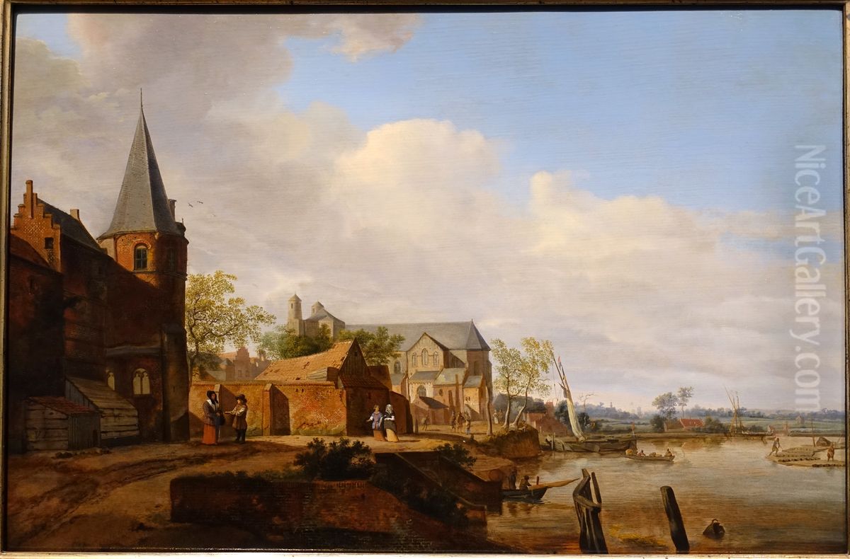 View of Elten along the Rhine Oil Painting by Jan Van Der Heyden