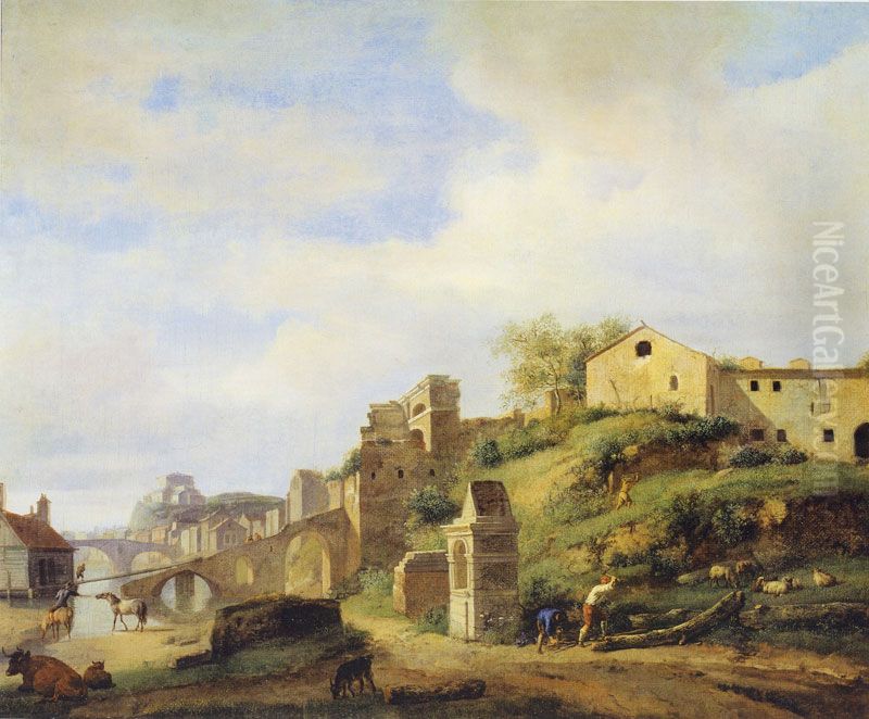 View on the Tiber River, Rome Oil Painting by Jan Van Der Heyden