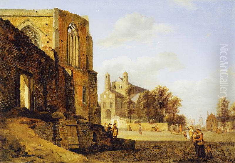 Cityscape with the ruins of a gothic building on the left and St. Pantaleon from Cologne in the background Oil Painting by Jan Van Der Heyden