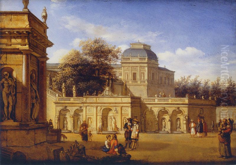 Gezicht op een beeldengalerij in de tuin van een landhuis Oil Painting by Jan Van Der Heyden