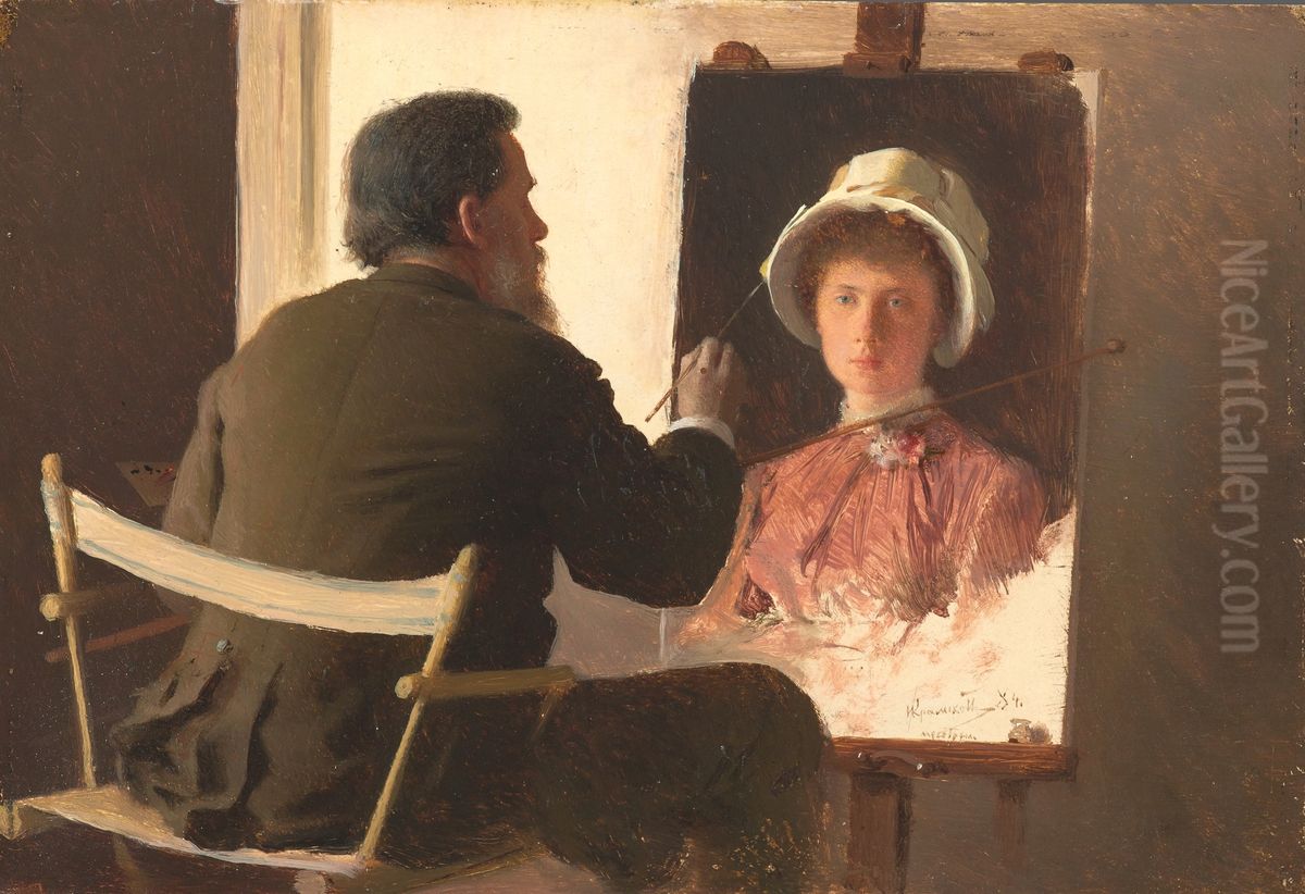 Kramskoy Painting a Portrait of his Daughter Oil Painting by Ivan Kramskoi