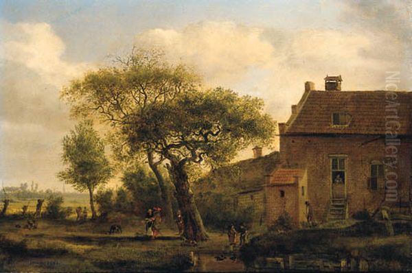 Landscape with a cottage surrounded by trees Oil Painting by Jan Van Der Heyden