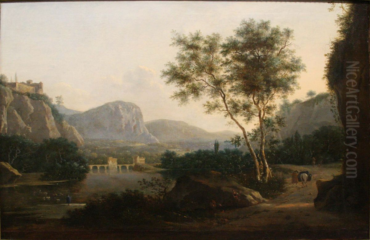 Southern river landscape with a fortified bridge; a castle on the left on the mountain tops Oil Painting by Frederik de Moucheron