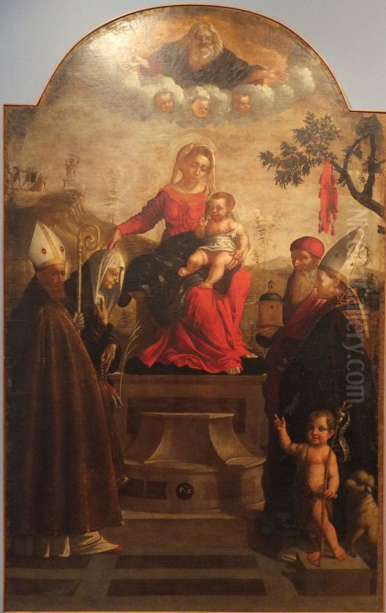 Madonna con Gesu Bambino benedicente in trono e santi Oil Painting by Giovanni Francesco Caroto