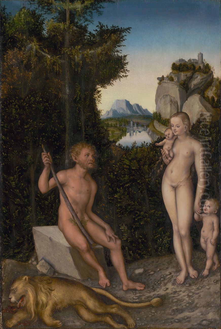 A Faun and His Family with a Slain Lion Oil Painting by Lucas Cranach the Elder