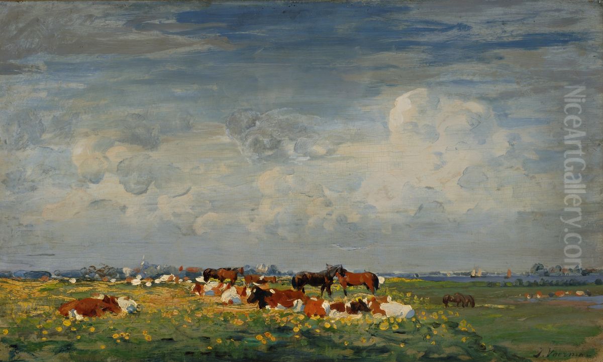 Summer meadow landscape on the Ijssel with a view of Hattem Oil Painting by Jan Voerman