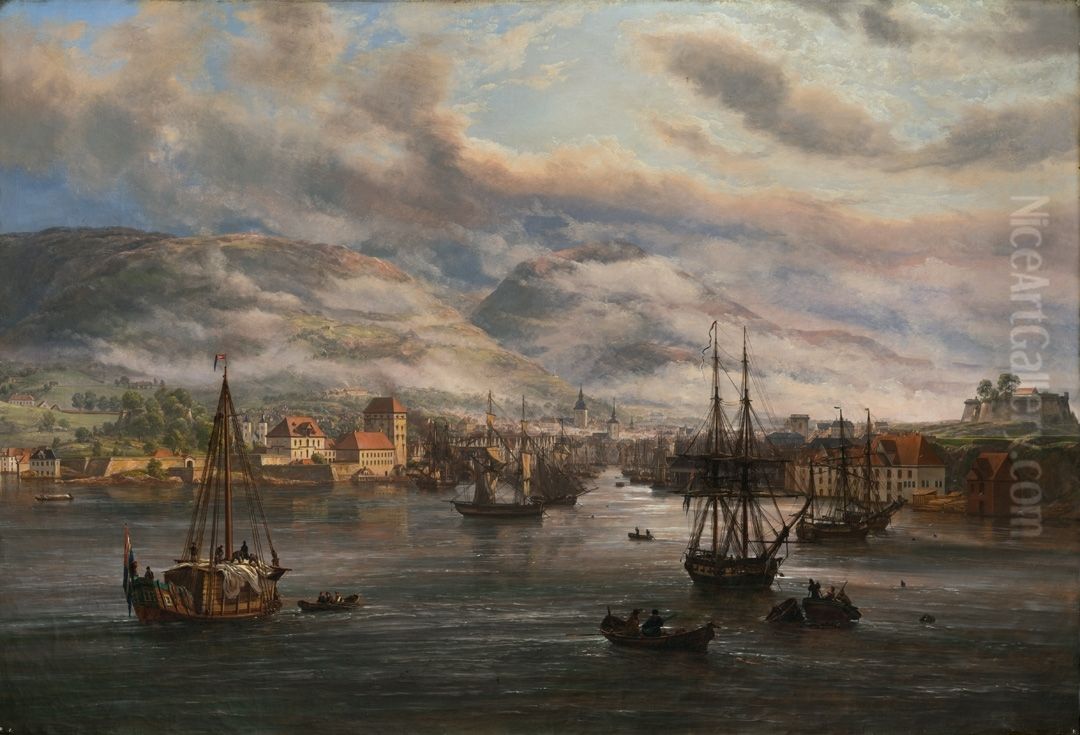 View of Bergen Harbour Oil Painting by Johan Wilhelm Ludwig Dahl