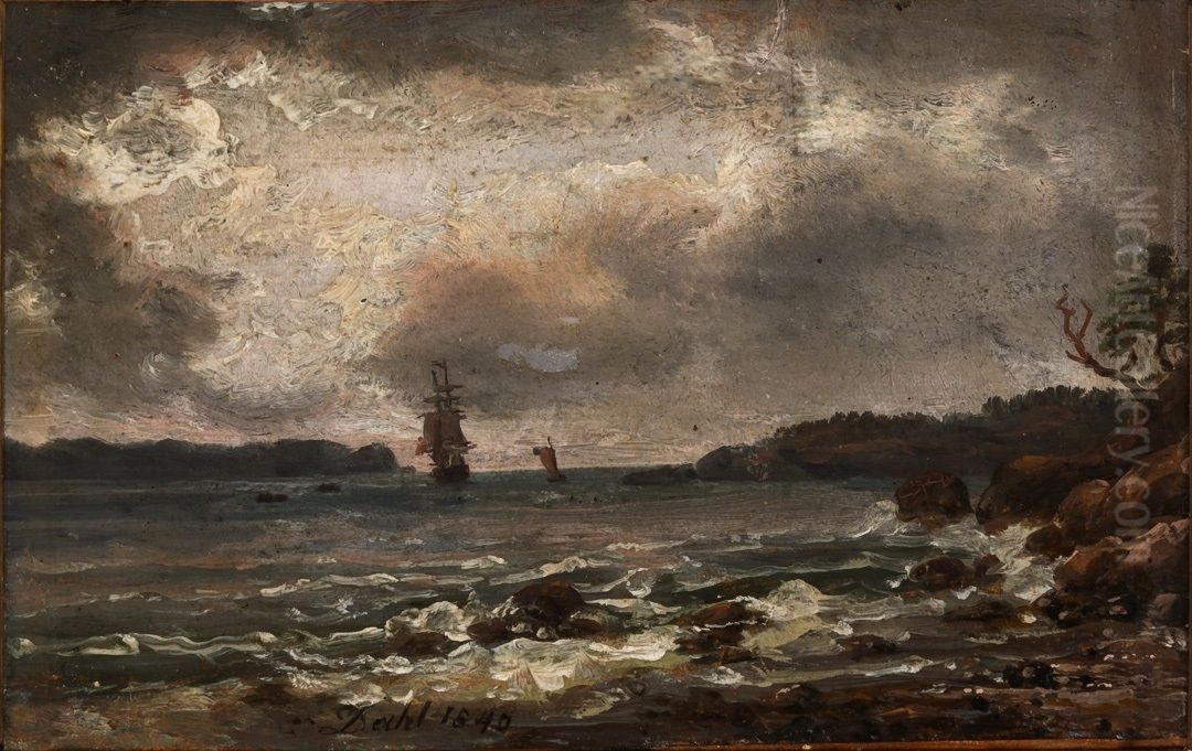 The Larvik Fiord in Moonlight Oil Painting by Johan Wilhelm Ludwig Dahl