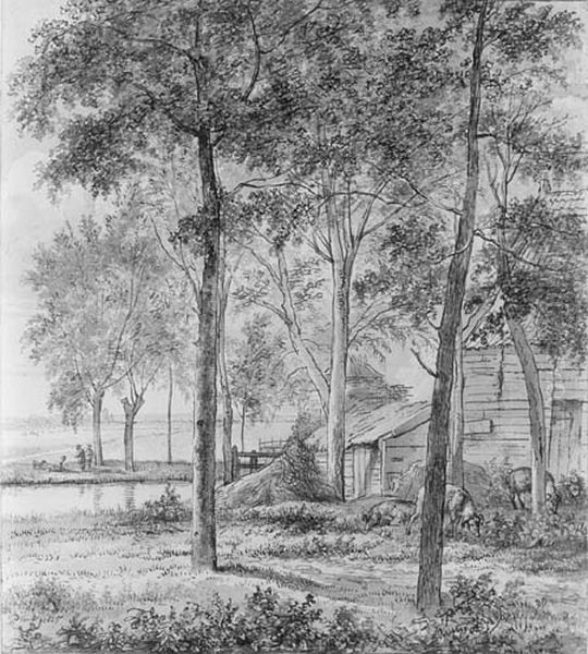 Farm with Pigs under the Trees Oil Painting by Pieter Gerardus Van Os