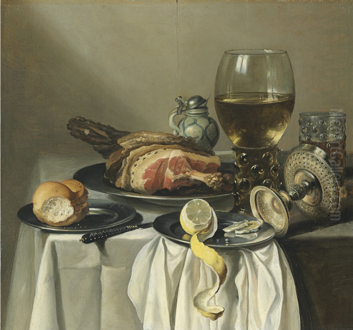 Still life with ham, lemon, a roll, a glass of wine, and others on a table Oil Painting by Pieter Claesz