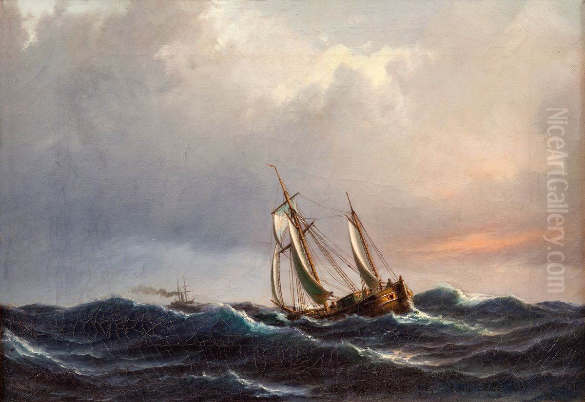 A ship in high seas at sunset Oil Painting by Anton Melbye