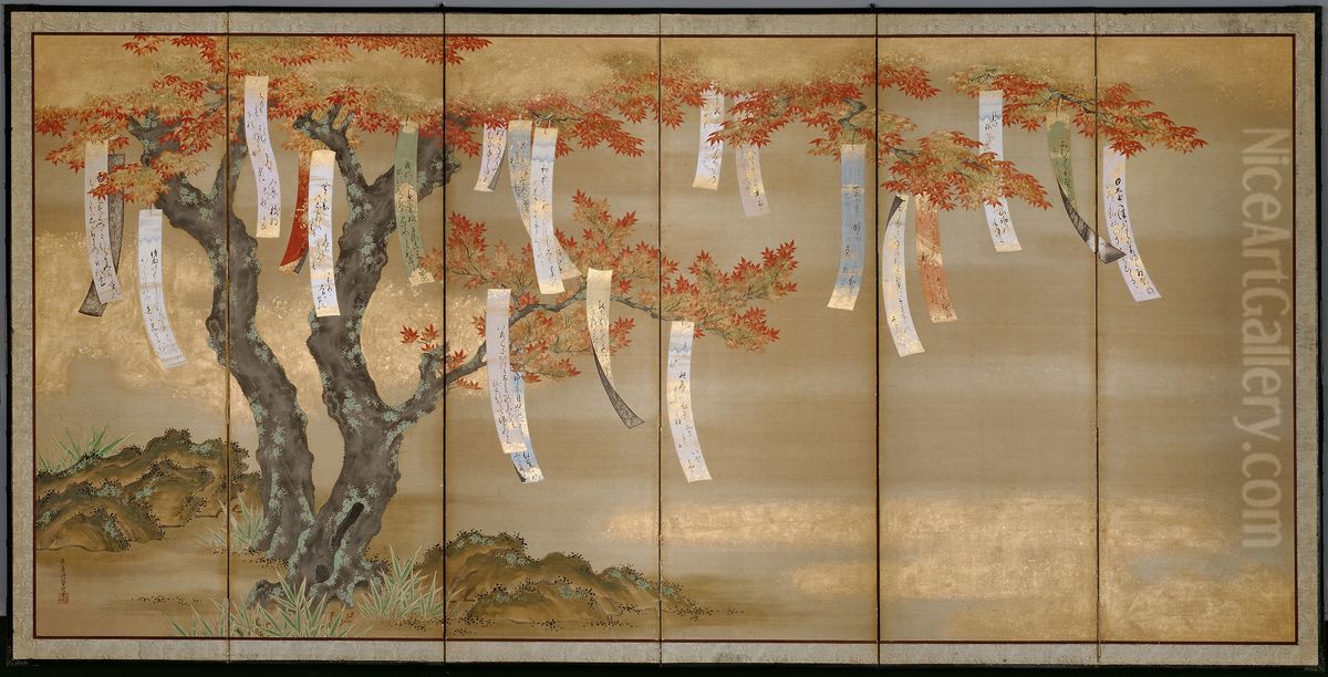 Autumn Maples with Poem Slips Oil Painting by Mitsuoki, Tosa