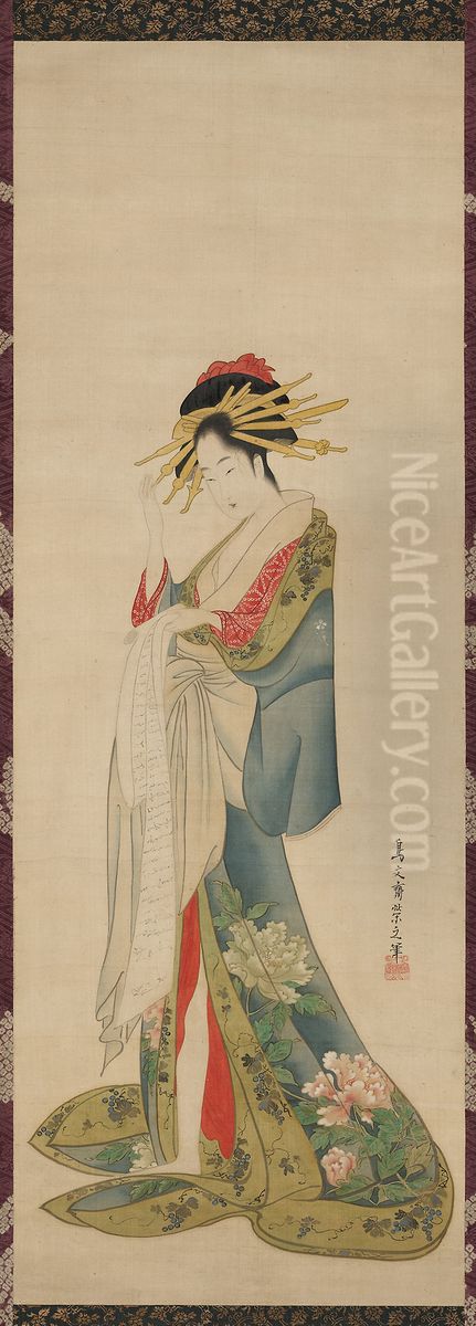 A Courtesan Reading a Letter Oil Painting by Chobunsai Eishi