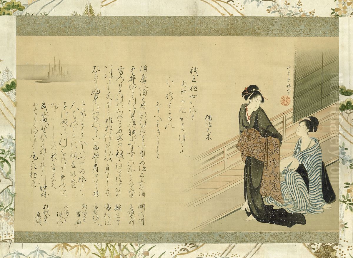 Two Beauties on a Veranda Oil Painting by Santo Kyoden