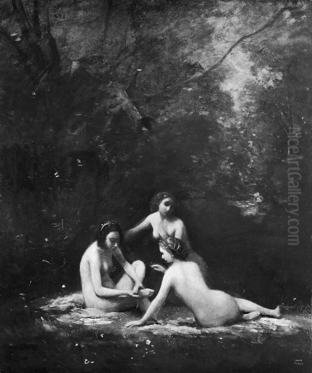 Nymphs Leaving the Bath Oil Painting by Jean-Baptiste Camille Corot