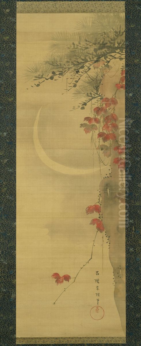 Moon, Pine and Maple Oil Painting by Katsushika Hokusai
